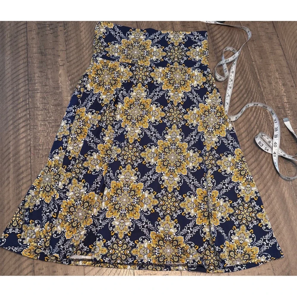 Colette Navy Yellow Medallion Print A-Line Skirt XS W4561-P405 Boho Stretch